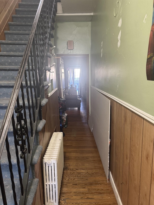 hallway with dark hardwood / wood-style floors, wood walls, and radiator