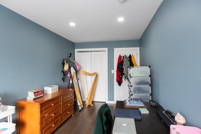 office space featuring dark wood-style flooring and recessed lighting