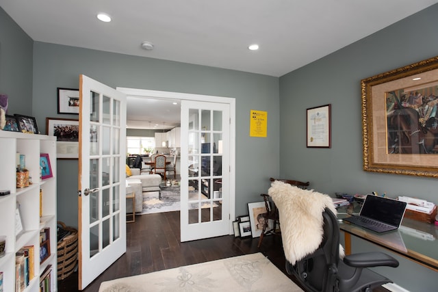 office with hardwood / wood-style flooring, recessed lighting, and french doors