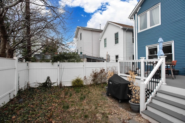 view of yard featuring a fenced backyard and a wooden deck