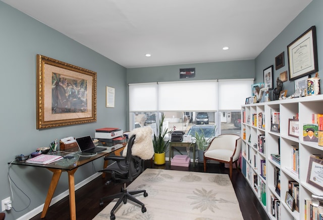 office area with recessed lighting and wood finished floors