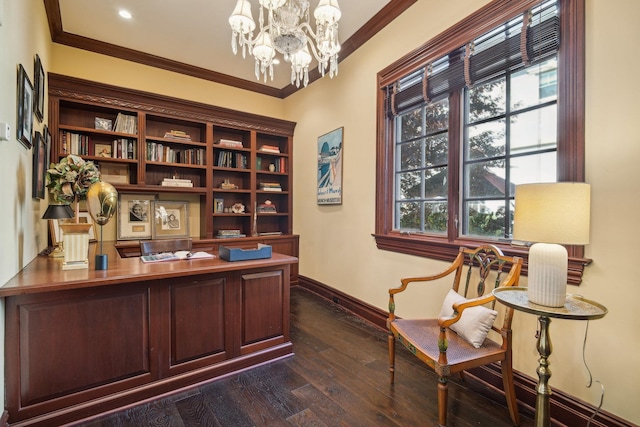 home office with dark wood finished floors, a notable chandelier, crown molding, and baseboards