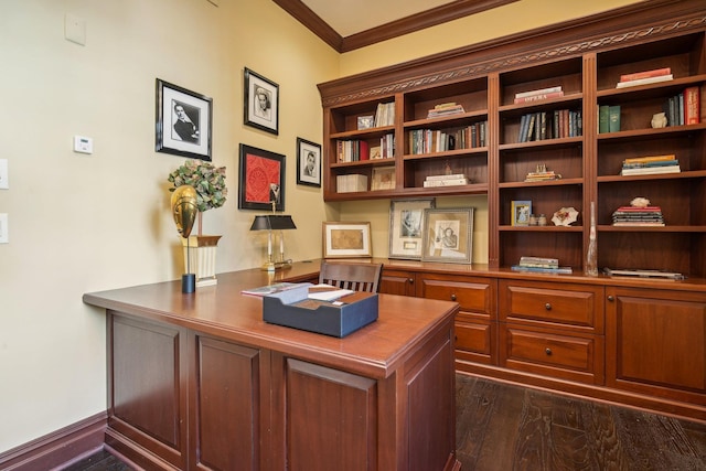 office featuring dark wood-style floors and ornamental molding