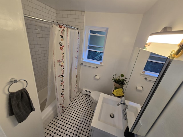 605 Grove St Unit A011, Clifton, NJ 07013 - bathroom featuring toilet, a baseboard heating unit, shower / bath combo, and vanity