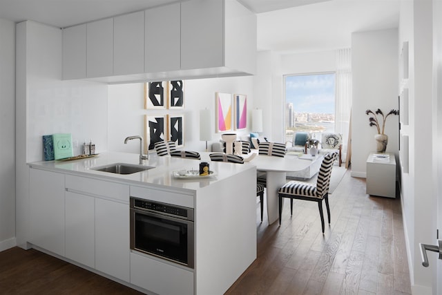 kitchen featuring stainless steel oven, white cabinets, sink, dark hardwood / wood-style flooring, and kitchen peninsula