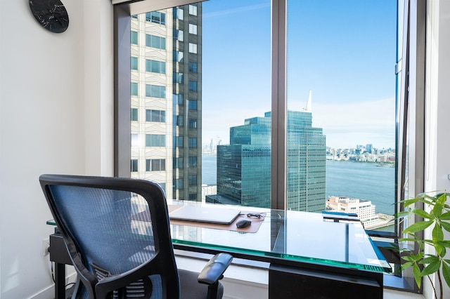 interior space with a water view