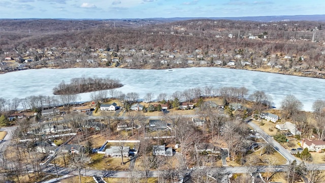 drone / aerial view with a water view and a residential view