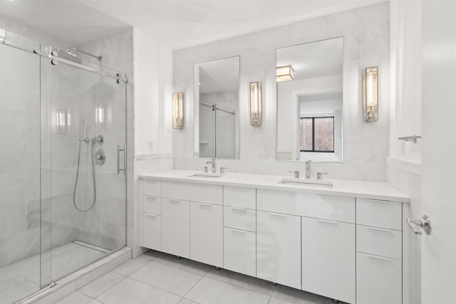 bathroom with vanity and an enclosed shower