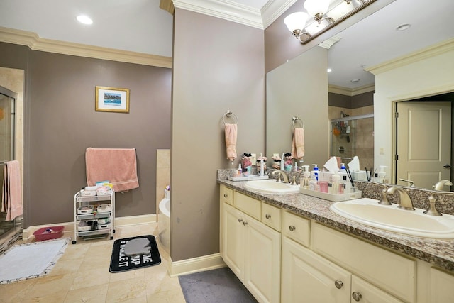 20 Avenue At Port Imperial Unit 217, West New York, NJ 07093 - bathroom with double vanity, a stall shower, a garden tub, ornamental molding, and recessed lighting