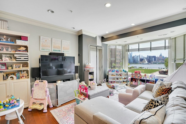 20 Avenue At Port Imperial Unit 217, West New York, NJ 07093 - living room featuring ornamental molding, wood finished floors, and recessed lighting