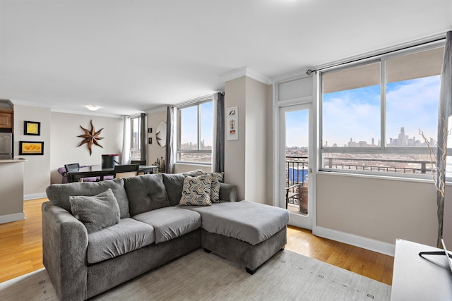 100 Manhattan Ave Unit 407, Union City, NJ 07087 - living area with crown molding, light wood-style floors, and a view of skyline