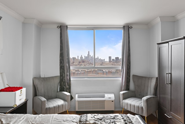 100 Manhattan Ave Unit 407, Union City, NJ 07087 - living area featuring a wall unit AC, ornamental molding, and a view of skyline