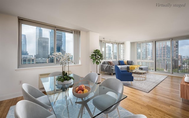 interior space featuring a wealth of natural light, expansive windows, and light hardwood / wood-style floors