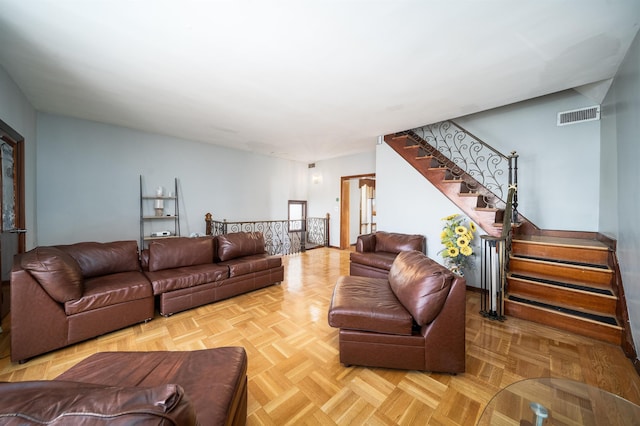 living room with light parquet floors