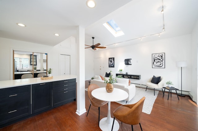 1604 74th St Unit D15, North Bergen, NJ 07047 - dining space with a skylight, dark wood finished floors, a ceiling fan, vaulted ceiling, and recessed lighting