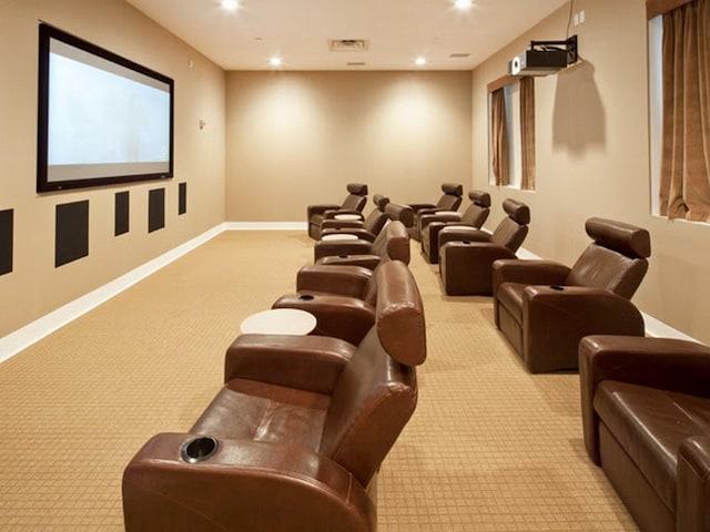 cinema featuring recessed lighting, visible vents, baseboards, and carpet floors