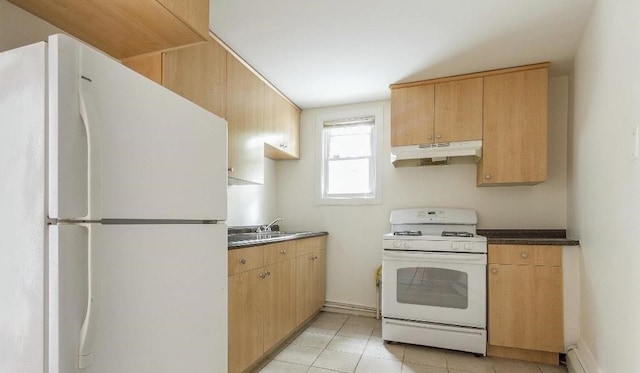 kitchen with sink, light brown cabinetry, a baseboard radiator, and white appliances