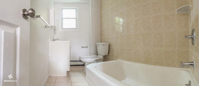 bathroom featuring toilet, tile patterned flooring, a tub to relax in, and a baseboard radiator