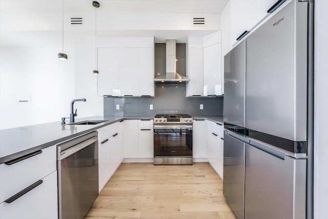 kitchen with stainless steel appliances, white cabinets, a sink, modern cabinets, and wall chimney exhaust hood