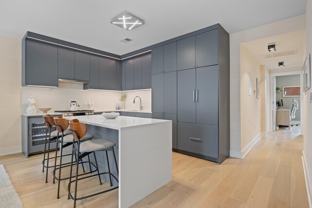 kitchen with stainless steel range with gas cooktop, gray cabinets, sink, and light hardwood / wood-style flooring