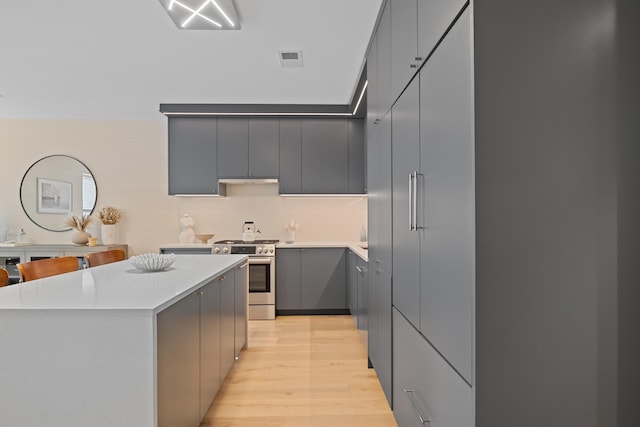 kitchen with gray cabinetry, light hardwood / wood-style flooring, gas stove, and a center island