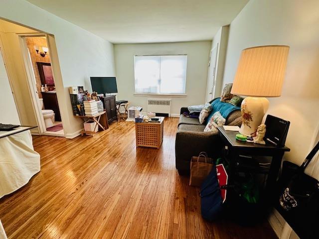 living room with radiator and wood finished floors