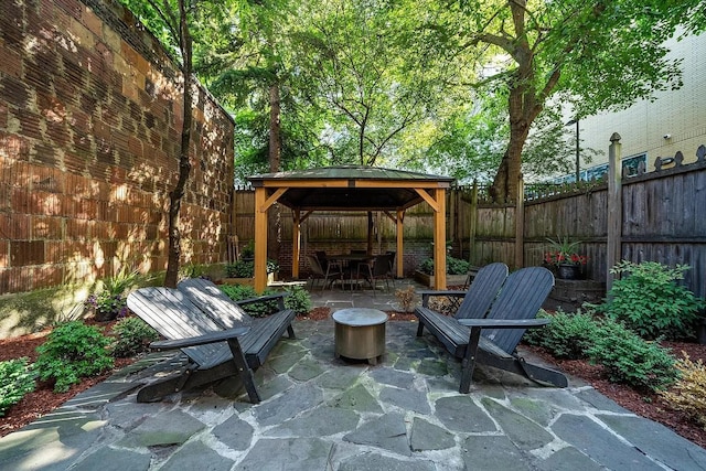 view of patio / terrace with a gazebo, a fenced backyard, and outdoor dining area