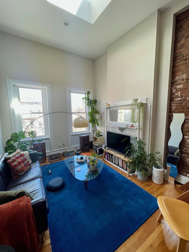 living area featuring wood finished floors and a skylight