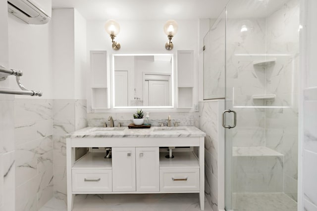 bathroom featuring tile walls, a shower with door, a wall mounted air conditioner, and vanity