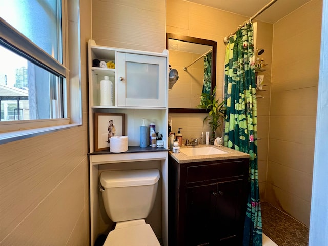 bathroom featuring toilet, a shower with curtain, and vanity