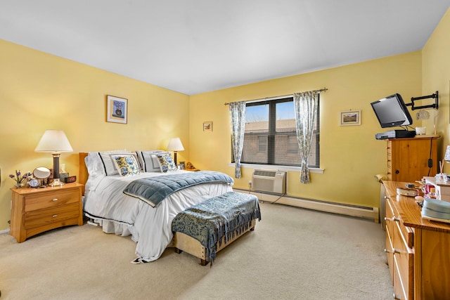 bedroom featuring a baseboard radiator, carpet floors, and an AC wall unit