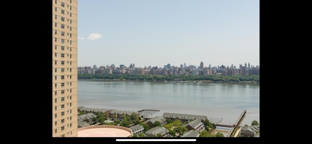 view of water feature with a city view
