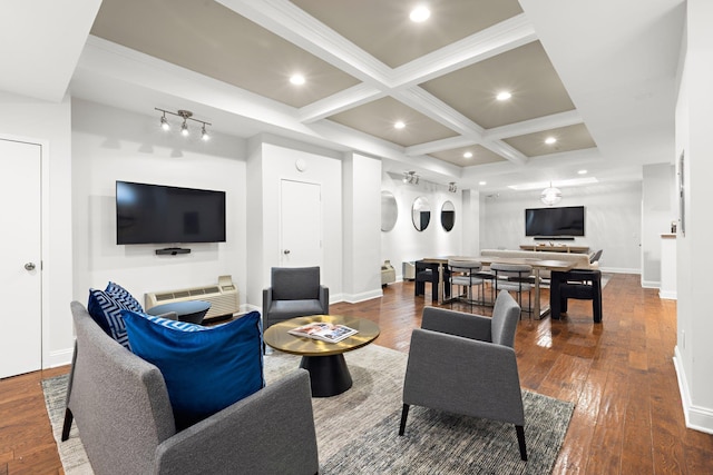 living room featuring coffered ceiling, beam ceiling, ornamental molding, and hardwood / wood-style flooring