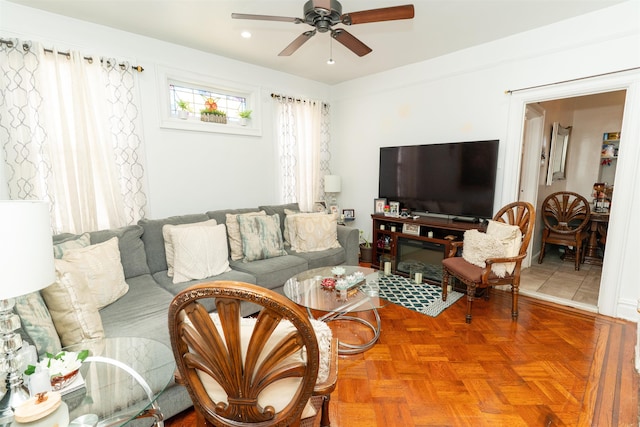 704 90th St, North Bergen, NJ 07047 - living room with a ceiling fan and recessed lighting