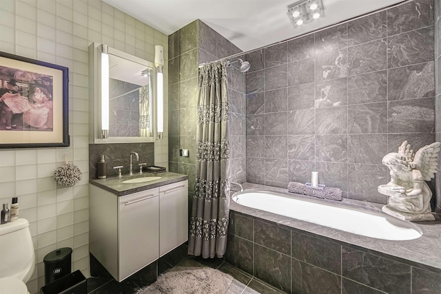 225 River St Unit 1901, Hoboken, NJ 07030 - full bath featuring tile walls, vanity, tile patterned floors, and tiled shower / bath