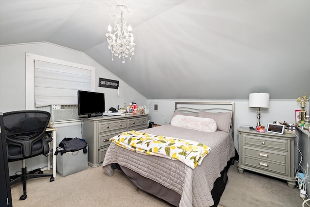 bedroom with vaulted ceiling, light colored carpet, and a chandelier