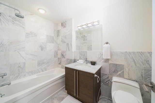 10 Regent St Unit 807, Jersey City, NJ 07302 - bathroom featuring tile walls, vanity, shower / tub combination, and marble finish floors