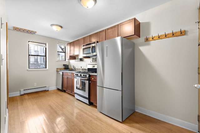 kitchen featuring a baseboard radiator, appliances with stainless steel finishes, light wood-style flooring, and baseboards