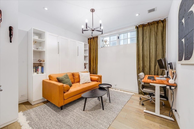 277 2nd St Unit 1, Jersey City, NJ 07302 - living area with a chandelier, an office area, light wood-style flooring, and recessed lighting