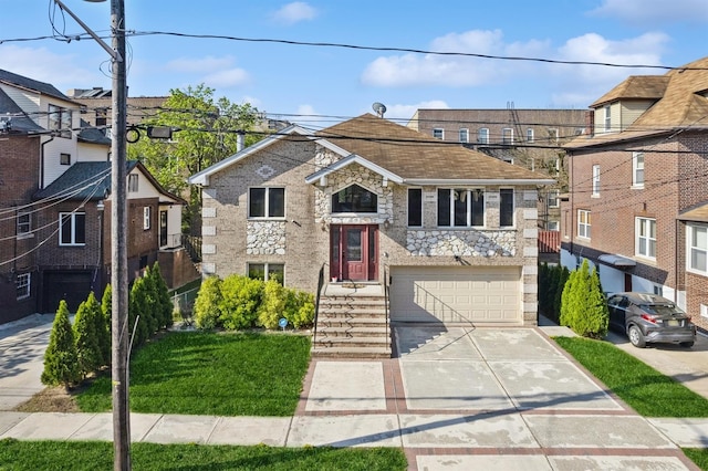 view of front facade with an attached garage, a residential view, driveway, and stone siding