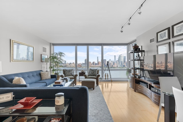 living room with expansive windows, light wood-type flooring, and track lighting