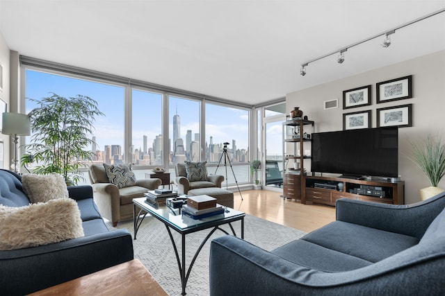 living room featuring floor to ceiling windows, light hardwood / wood-style floors, and rail lighting