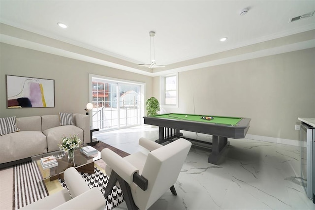 97 Irving St Unit 1, Jersey City, NJ 07307 - rec room featuring recessed lighting, baseboards, billiards, a tray ceiling, and marble finish floors