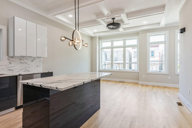97 Irving St Unit 1, Jersey City, NJ 07307 - kitchen featuring modern cabinets, tasteful backsplash, white cabinets, healthy amount of natural light, and coffered ceiling