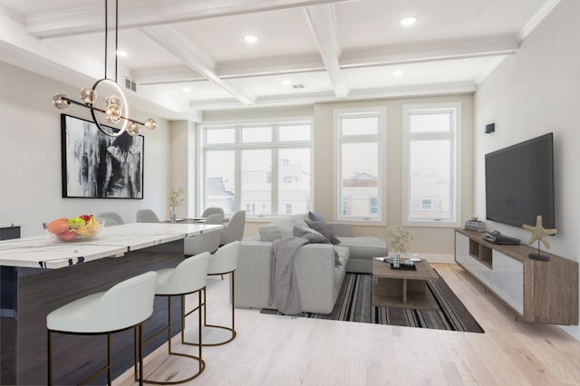 97 Irving St Unit 1, Jersey City, NJ 07307 - living room featuring light wood finished floors, coffered ceiling, beamed ceiling, healthy amount of natural light, and recessed lighting