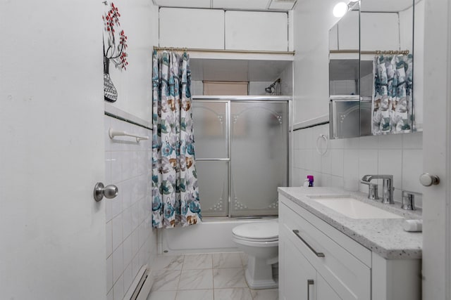 6910 Jackson St, Guttenberg, NJ 07093 - full bathroom featuring baseboard heating, tile walls, vanity, shower / bath combination with glass door, and marble finish floors