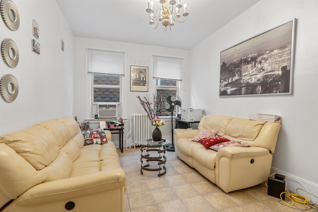 6910 Jackson St, Guttenberg, NJ 07093 - living room featuring radiator, cooling unit, and a chandelier