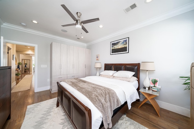 61 Skillman Ave Unit 3A, Jersey City, NJ 07306 - bedroom with wood finished floors, ornamental molding, recessed lighting, and ceiling fan