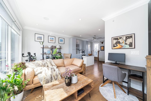 61 Skillman Ave Unit 3A, Jersey City, NJ 07306 - living room featuring an office area, ceiling fan, crown molding, wood finished floors, and recessed lighting