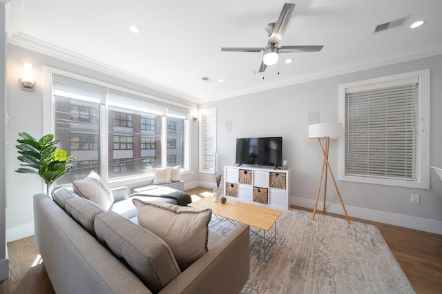 61 Skillman Ave Unit 3A, Jersey City, NJ 07306 - living area featuring a ceiling fan, crown molding, recessed lighting, and wood finished floors